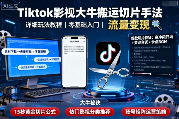 Tiktok影视大牛搬运切片手法，详细玩法教程-副业项目资源网