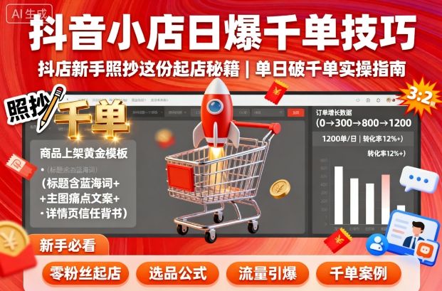 抖音小店日爆千单技巧，抖店新手照抄这份起店秘籍，单日破千单-副业项目资源网