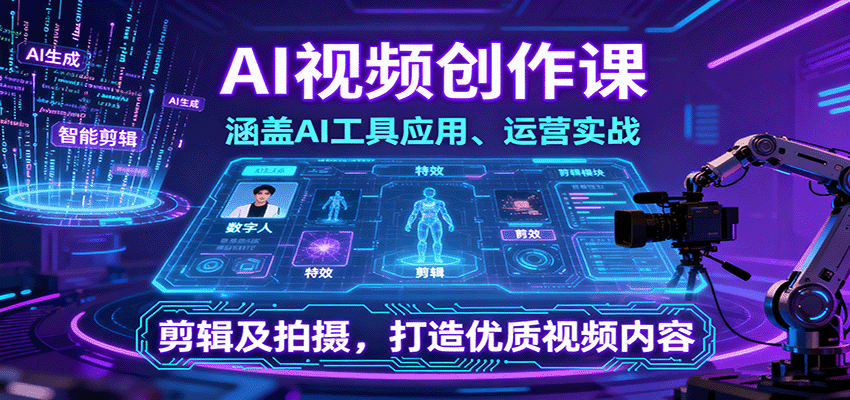 AI视频创作课，涵盖AI工具应用、运营实战、剪辑及拍摄，打造优质视频内容-副业项目资源网