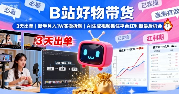 B站好物带货，3天出单，新手月入1W实操拆解，AI生成视频，抓住平台红利期最后机会-副业项目资源网