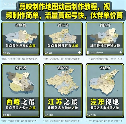 剪映制作地图动画制作教程，视频制作简单，流量高起号快，伙伴单价高-副业项目资源网
