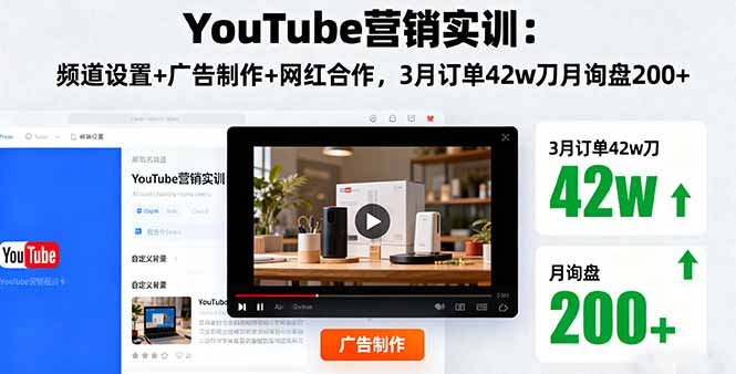 YouTube营销实训：频道设置+广告制作+网红合作，3月订单42w刀月询盘200+-副业项目资源网