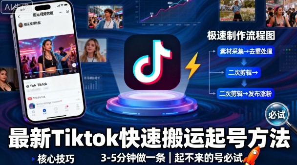 最新Tiktok快速搬运快速起号方法，3-5分钟做一条，起不来的号可以试试-副业项目资源网