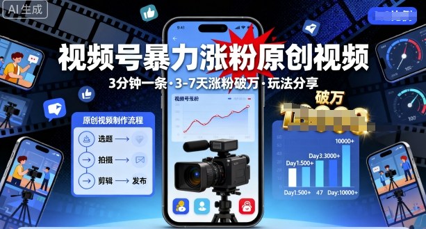 视频号暴力涨粉原创视频，3分钟一条原创视频，3-7天涨粉破万，玩法分享给你-副业项目资源网