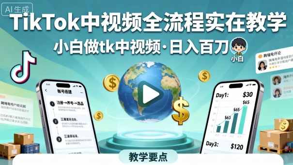 TikTok中视频全流程实操教学，小白做tk中视频，日入百刀-副业项目资源网