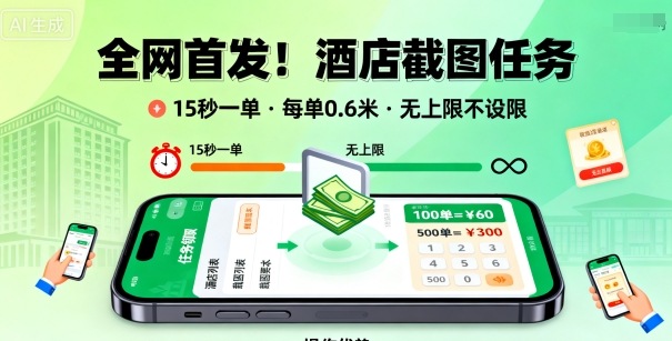 全网首发！酒店截图任务，15秒一单，每单0.6米，任务无上限不设限，矩阵操作单日3张到手【揭秘】-副业项目资源网