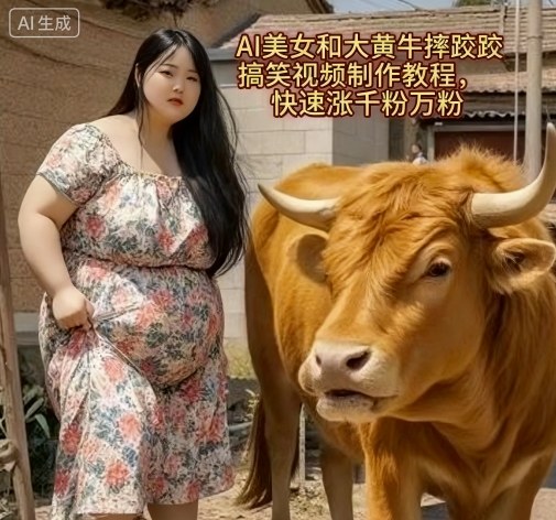 AI美女和大黄牛摔跤搞笑荒诞视频制作教程，快速涨千粉万粉-副业项目资源网