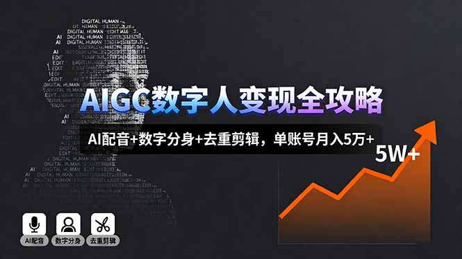 AIGC数字人变现全攻略，AI配音+数字分身+去重剪辑，单账号月入5万+-副业项目资源网