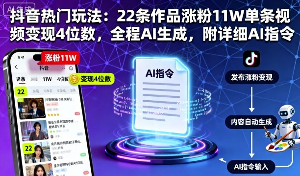 抖音热门玩法：22条作品涨粉11W单条视频变现4位数，全程AI生成，附详细AI指令-副业项目资源网