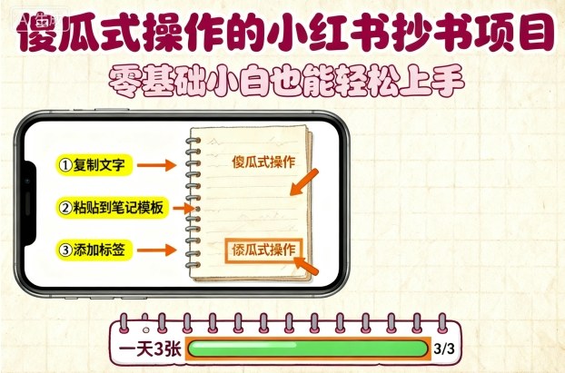 傻瓜式操作的小红书抄书项目，会复制粘贴就行，零基础小白也能一天3张-副业项目资源网