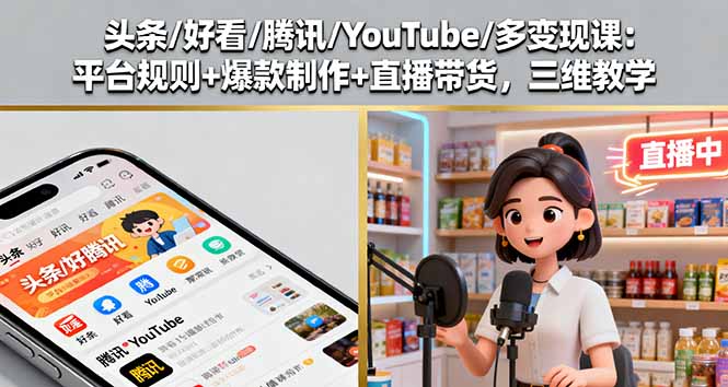 头条/好看/腾讯/YouTube/多变现课：平台规则+爆款制作+直播带货，三维教学-副业项目资源网