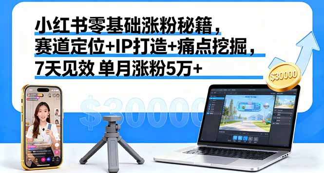 小红书零基础涨粉秘籍，赛道定位+IP打造+痛点挖掘，7天见效 单月涨粉5万+-副业项目资源网