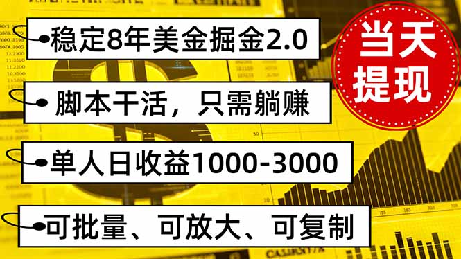 稳定8年美金掘金2.0脚本干活，只需躺赚。单人日收益1000-3000可批量、…-副业项目资源网