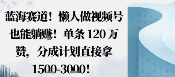蓝海赛道，懒人做视频号也能躺挣，单条120W赞，分成计划直接拿1.5k，不用拍不用剪-副业项目资源网