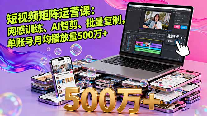 短视频矩阵运营课：网感训练、AI智剪、批量复制，单账号月均播放量500万+-副业项目资源网