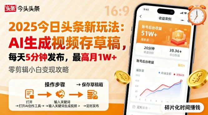 2025年今日头条躺賺新玩法，AI生成视频存草稿，每天5分钟发布，最高月1W+【揭秘】-副业项目资源网