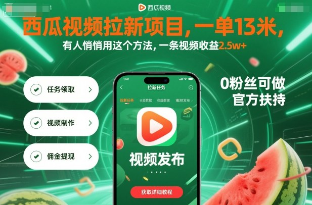 西瓜视频拉新项目，一单13米，有人悄悄用这个方法，一条视频收益2.5w+(附详细教程)-副业项目资源网