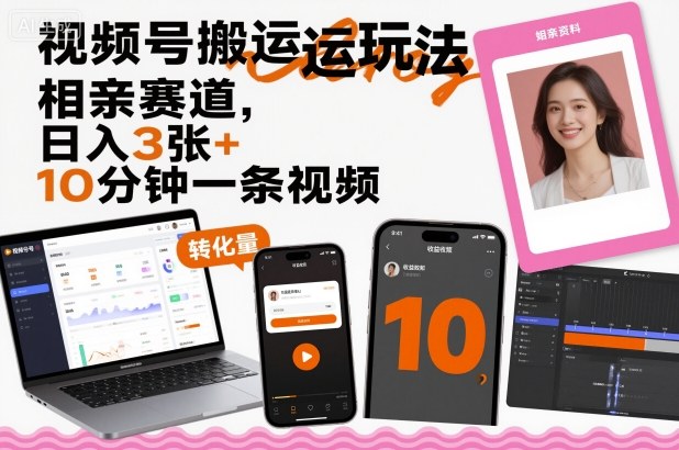 视频号搬运玩法，相亲赛道，日入3张+，10分钟一条视频-副业项目资源网