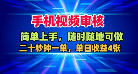 手机视频审核，随时随地可做，二十秒钟一单，单日收益4张+【揭秘】-副业项目资源网