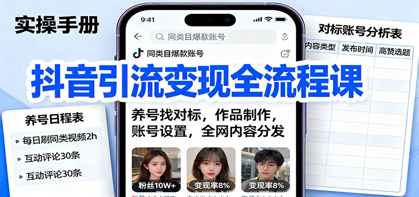 抖音引流变现全流程课：养号找对标，作品制作，账号设置，全网内容分发-副业项目资源网