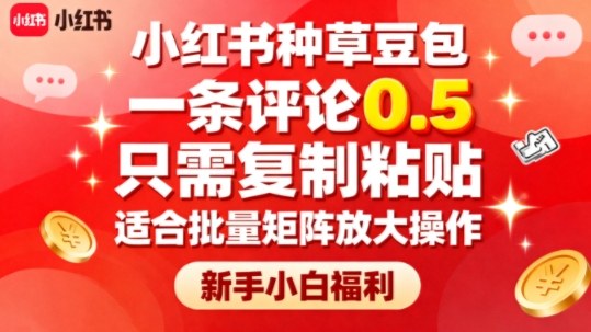 小红书种草豆包，一条评论0.5，只需复制粘贴，适合批量矩阵放大操作，新手小白福利-副业项目资源网