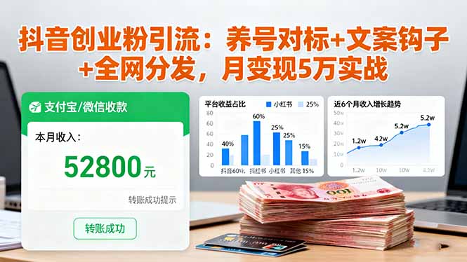 抖音创业粉引流：养号对标+文案钩子+全网分发，月变现5万实战-副业项目资源网