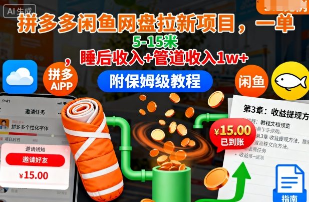 拼多多闲鱼网盘拉新项目，一单5-15米，睡后收入+管道收入1w+(附保姆级教程)-副业项目资源网