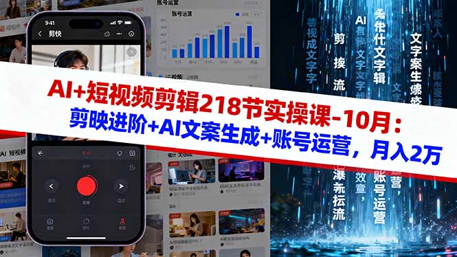 AI+短视频剪辑218节实操课-10月：剪映进阶+AI文案生成+账号运营，月入2万-副业项目资源网