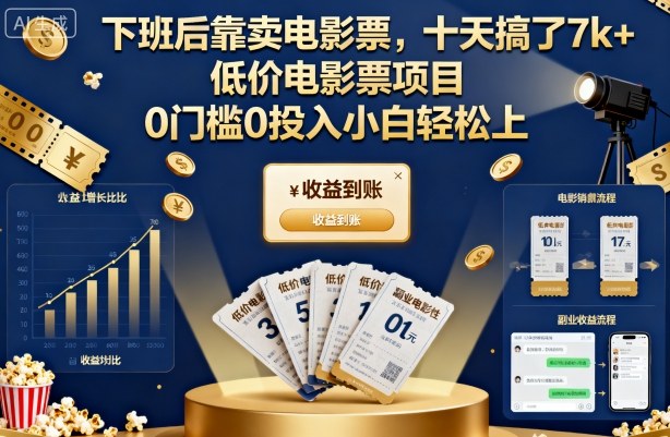 下班后靠卖电影票,十天搞了7k+,低价电影票项目,0门槛0投入小白轻松上手【揭秘】-副业项目资源网