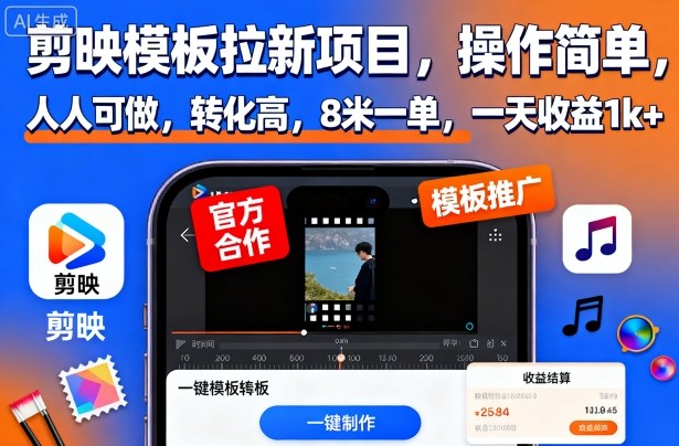 剪映模板拉新项目，操作简单，人人可做，转化高，8米一单，一天收益1k+-副业项目资源网