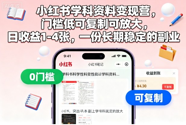小红书学科资料变现营,门槛低可复制可放大,日收益1-4张,一份长期稳定的副业-副业项目资源网