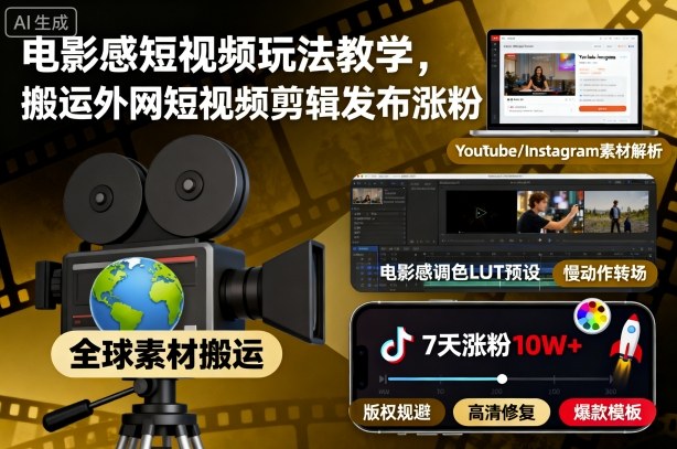 电影感短视频玩法教学,搬运外网短视频剪辑发布涨粉-副业项目资源网