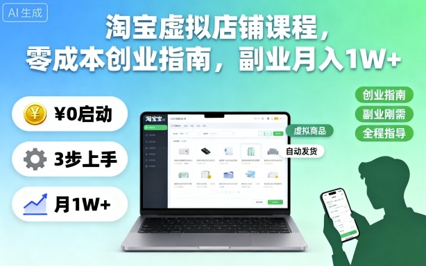 淘宝虚拟店铺课程,零成本创业指南,副业月入1W+-副业项目资源网