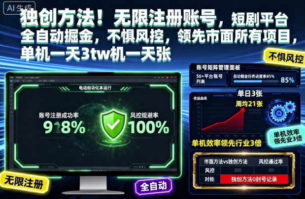 独创方法!无限注册账号,短剧平台全自动掘金,不惧风控,领先市面所有项目,单机一天3张【揭秘】-副业项目资源网