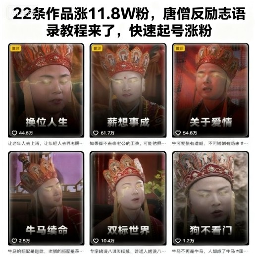 22条作品涨11.8W粉,唐僧反励志语录教程来了,快速起号涨粉-副业项目资源网